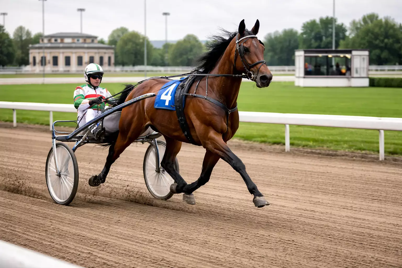 Cavalli al trotto con sulky e driver durante una corsa su ippodromo italiano