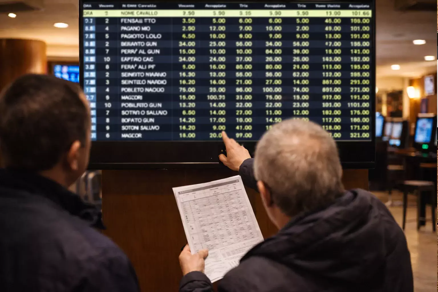 Tabellone quote ippiche con scommettitori che analizzano le puntate disponibili